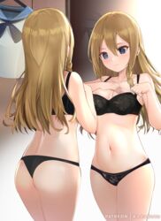  ass bare_arms bare_shoulders black_bra black_panties blue_eyes blush bra braid breast_padding breasts brown_hair cleavage closed_mouth collarbone cowboy_shot female from_behind hair_between_eyes hand_on_own_chest hayasaka_ai haysaca_a._smithee kaguya-sama_wa_kokurasetai_~tensai-tachi_no_renai_zunousen~ long_hair md5_mismatch medium_breasts mirror mujinbensin navel panties patreon_username reflection school_uniform serafuku shirt side_braid smile solo stomach underwear underwear_only white_shirt 