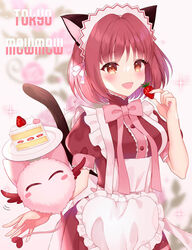  animal_ears apron blush_stickers bow bowtie cafe_mew_mew_uniform cake cat_ears cat_tail copyright_name cowboy_shot female food fruit looking_at_viewer maid maid_apron maid_headdress masha_(tokyo_mew_mew) momomiya_ichigo naomi_(fantasia) pink_bow pink_bowtie pink_hair plate puffy_short_sleeves puffy_sleeves short_hair short_sleeves strawberry tail tokyo_mew_mew 