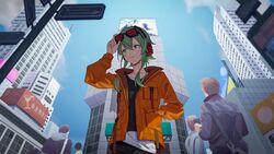  adjusting_goggles backlighting billboard black_shirt blue_sky building cameo city commentary day eyewear_on_head female from_below goggles goggles_on_head green_eyes green_hair gumi hand_in_pocket hatsune_miku headphones highres holding holding_removed_eyewear hoshino_ichika_(project_sekai) jacket orange_jacket parted_lips perspective project_sekai red_goggles road shirt short_hair_with_long_locks sidelocks sky skyscraper solo_focus street symbol-only_commentary unworn_eyewear upper_body urban vocaloid white_shirt wounds404 