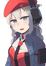  +_+ beret black_necktie blue_eyes blue_jacket braid braided_ponytail breasts female flower-shaped_pupils girls&#039;_frontline grey_hair hair_ornament hairclip hat hat_ornament headphones headphones_over_headwear highres hinami047 jacket long_hair looking_at_viewer necktie open_clothes open_jacket open_mouth ots-12_(girls&#039;_frontline) red_hat russian_flag smile solo soviet_flag star-shaped_pupils star_(symbol) star_hair_ornament star_hat_ornament symbol-shaped_pupils white_background 