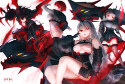  4girls absurdly_long_hair artist_name ass azur_lane bare_shoulders bat_wings black_choker black_dress black_gloves black_hair black_hairband black_legwear black_necktie black_sleeves braid breasts bursting_breasts chains choker claw_(weapon) claws cleavage crop_top cross detached_sleeves dress epaulettes framed_breasts frilled_dress frills gloves grey_hair grey_headwear hair_ribbon hairband high-waist_skirt highres horns iron_cross jacket large_breasts layered_dress long_hair looking_at_viewer multiple_girls necktie nuernberg_(azur_lane) orange_eyes pleated_skirt pointy_ears prinz_heinrich_(azur_lane) red_dress red_eyes red_hair ribbed_shirt ribbon rideth_mochi shirt short_hair single_braid sitting skirt sleeveless sleeveless_shirt small_breasts thighhighs two-tone_dress underboob very_long_hair weapon weser_(azur_lane) white_hair white_jacket white_shirt wing_hair_ornament wings z24_(azur_lane) zettai_ryouiki 