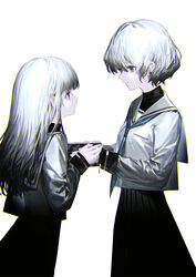  2girls black_skirt blue_neckerchief book closed_mouth commentary earrings from_side grey_sailor_collar grey_shirt hair_between_eyes hand_grab highres holding holding_book jewelry long_hair long_sleeves looking_at_another multiple_girls neckerchief original reoen sailor_collar school_uniform serafuku shirt short_hair sidelocks simple_background skirt symbol-only_commentary white_background white_hair 