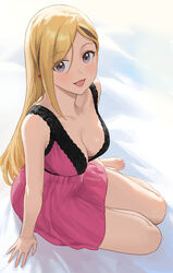  :d alternate_costume arm_support bare_legs bare_shoulders barefoot bed_sheet blonde_hair blush breasts brown_hair cleavage collarbone commentary female fujimoto_rina full_body grey_eyes highres idolmaster idolmaster_cinderella_girls idolmaster_cinderella_girls_starlight_stage jewelry lingerie long_hair looking_at_viewer medium_breasts multicolored_hair negligee nhaliz nightgown open_mouth parted_bangs purple_eyes sitting smile solo straight_hair thighs two-tone_hair underwear very_long_hair yokozuwari 