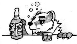  2016 4_fingers alcohol anthro badger bar beverage black_eyes bubble cheek_tuft chin_tuft claws container cup drinking_glass drunk drunk_bubble facial_markings facial_stripes facial_tuft fan_character finger_claws fingers glass glass_container glass_cup graphite_(artwork) greyscale half-closed_eyes head_markings holding_beverage holding_object jack_daniel&#039;s labjer male mammal markings monochrome mustelid musteline narrowed_eyes neck_tuft pub simple_background solo striped_face stripes substance_intoxication traditional_media_(artwork) tristan_growlagher_(spiff) tuft whiskey whiskey_glass white_background 