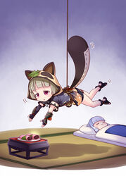  2girls :o animal_ears animal_hood asymmetrical_gloves black_gloves black_shorts check_commentary commentary_request elbow_gloves fake_animal_ears fake_tail fingerless_gloves fishnet_legwear fishnets food futon genshin_impact gloves grey_hair hanging harada_(sansei_rain) highres hood kamisato_ayaka leaf leaf_on_head multiple_girls parted_lips pillow plate raccoon_ears raccoon_hood raccoon_tail red_eyes sakura_mochi sakura_mochi_(genshin_impact) sayu_(genshin_impact) short_shorts shorts sleeping stirrup_footwear tail tatami under_covers wagashi 