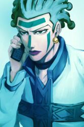  1boy cellphone cioccolata earrings eyelashes facepaint facial_mark green_eyes green_hair holding holding_phone jewelry jojo_no_kimyou_na_bouken lipstick makeup male_focus phone purple_lips sano_(hospital_0434) serious solo vento_aureo 