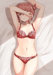  armpits ass_visible_through_thighs bed_sheet blush bra brown_eyes brown_hair collarbone commentary cowboy_shot double_bun female hair_between_eyes hair_bun highres kantai_collection navel panties parted_lips red_bra red_panties short_hair solo tan_yang_(kancolle) underwear underwear_only yukikaze_(kancolle) zuki 