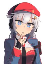  +_+ beret black_necktie blue_eyes blue_jacket breasts closed_mouth female finger_to_mouth flower-shaped_pupils girls&#039;_frontline grey_hair hair_ornament hat hat_ornament headphones headphones_over_headwear highres hinami047 jacket long_hair looking_at_viewer necktie open_clothes open_jacket ots-12_(girls&#039;_frontline) red_hat russian_flag solo soviet_flag star-shaped_pupils star_(symbol) star_hair_ornament star_hat_ornament symbol-shaped_pupils upper_body white_background 