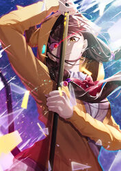  absurdres asakura_karen_(heaven_burns_red) black_hair bow breasts brown_eyes brown_jacket closed_mouth collared_shirt eye_trail female glowing glowing_eye heaven_burns_red heterochromia highres holding holding_sword holding_weapon hood hood_up hooded_jacket jacket light_trail long_hair long_sleeves low_twintails medium_breasts noi_noakei red_bow red_eyes school_uniform shirt solo split_theme sweater_vest sword twintails weapon white_shirt 