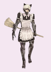  1boy absurdres animal_ears arm_blade broom cat_ears closed_mouth cropped crossdressing cyborg fake_animal_ears frills highres holding holding_broom maid male_focus male_maid metal_gear_(series) metal_gear_rising:_revengeance purple_background raiden_(metal_gear) red_eyes reverse_grip simple_background solo subakeye weapon white_hair 