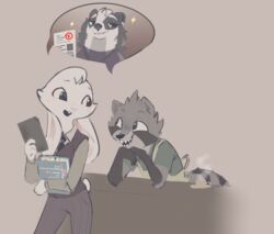  2022 anthro apron badger beverage book buckteeth calvin_lapin_(spiff) ciwi clothed clothing coffee coffee_cup container cup digital_media_(artwork) fan_character female ftm_crossgender fully_clothed fur grey_body grey_fur head_tuft hi_res holding_book holding_object lagomorph leporid male mammal mtf_crossgender mustelid musteline necktie open_mouth open_smile pictographics procyonid rabbit raccoon rule_63 samantha_hochschild sharp_teeth smile speech_bubble teeth topwear tristan_growlagher_(spiff) tuft vest white_body white_fur 