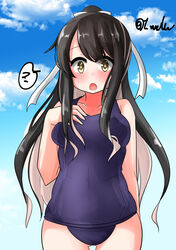  ? alternate_costume alternate_hairstyle ass_visible_through_thighs black_hair blue_sky breasts cloud cloudy_sky collarbone colored_inner_hair cowboy_shot day female hand_on_own_chest highres kantai_collection long_hair looking_at_viewer medium_breasts multicolored_hair naganami_(kancolle) oerba_yun_fang open_mouth outdoors pink_hair ponytail school_swimsuit sky solo swimsuit t_(dyuhuhudyukusi) two-tone_hair yellow_eyes 