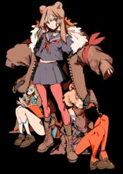  3girls absurdres animal_ears arknights bear_ears black_background black_choker black_serafuku black_skirt blue_eyes blue_neckwear book boots breasts brown_footwear brown_hair brown_jacket choker closed_mouth commentary_request full_body fur-trimmed_jacket fur_trim glasses grey_eyes gummy_(arknights) hair_between_eyes highres holding holding_book istina_(arknights) jacket long_hair long_sleeves looking_at_viewer looking_down matumot medium_breasts multicolored_hair multiple_girls neckerchief necktie off_shoulder one_eye_covered open_clothes orange_pantyhose pantyhose parted_lips reading red_eyes red_hair red_legwear red_neckerchief red_ribbon ribbon sailor_collar school_uniform serafuku shirt shoelaces shoes simple_background sitting skirt sleeves_past_fingers sleeves_past_wrists smile socks standing streaked_hair white_legwear zima_(arknights) 