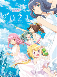  2021 5girls :d ^_^ arm_behind_back arm_up armpit_peek bare_arms bare_shoulders barefoot blonde_hair blue_dress blue_eyes blue_hair blue_sky blunt_bangs braid breasts brown_hair building calendar_(medium) candy_wrapper city cityscape closed_eyes cloud cloudy_sky collarbone copyright_name cover cover_page crossed_ankles cupping_hands curly_hair dated day dot_nose dress dutch_angle expressionless facing_viewer feathers floating_hair food frilled_dress frills futaba_sana green_dress green_hair hair_bobbles hair_ornament half-closed_eyes hand_on_another&#039;s_shoulder hands_up happy holding holding_food horizon ice_cream index_finger_raised interlocked_fingers laughing layered_dress light_blush long_hair looking_afar looking_at_viewer looking_away low_twintails magia_record:_mahou_shoujo_madoka_magica_gaiden mahou_shoujo_madoka_magica mitsuki_felicia mountainous_horizon multiple_girls nanami_yachiyo official_alternate_costume official_art open_mouth orange_eyes outdoors outstretched_hand own_hands_clasped own_hands_together parted_lips photoshop_(medium) pink_dress pink_eyes pink_hair pointing profile purple_dress purple_eyes scrunchie side_ponytail sky sleeveless sleeveless_dress small_breasts smile straight_hair tamaki_iroha taniguchi_jun&#039;ichirou tareme third-party_source twintails very_long_hair yellow_dress yellow_scrunchie yui_tsuruno 