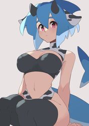  animal_ears animal_print azuumori black_horns black_tube_top blue_hair breasts cleavage cow_ears cow_girl cow_horns cow_print feet_out_of_frame female fish_tail highres horns large_breasts leotard mako_(azuumori) navel original pink_eyes print_leotard shark_fin shark_girl shark_tail short_hair simple_background solo strapless tail thighhighs tube_top white_background 