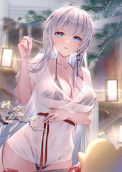  arm_under_breasts azur_lane bikini bikini_under_clothes bird black_bikini blue_eyes blush breasts chick chinese_commentary cleavage collarbone commentary_request covered_nipples cowboy_shot earrings female hand_up highres holding holding_own_hair jewelry lantern large_breasts long_hair looking_at_viewer mainz_(azur_lane) mainz_(the_silkiest_brew)_(azur_lane) manjuu_(azur_lane) navel o-ring o-ring_bikini official_alternate_costume onsen paper_lantern parted_lips red_sash sash see-through see-through_shirt shirt sidelocks signature single_earring sking standing stomach swimsuit swimsuit_under_clothes tree very_long_hair white_hair 