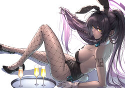  alcohol animal_ears bare_shoulders black_leotard blue_archive blush bow breasts commentary cup curry_bowl dark-skinned_female dark_skin detached_collar drinking_glass fake_animal_ears female fishnet_pantyhose fishnets gloves halo high_heels holding holding_own_hair karin_(blue_archive) karin_(bunny)_(blue_archive) large_breasts leotard long_hair looking_at_viewer official_alternate_costume pantyhose parted_lips playboy_bunny ponytail purple_hair rabbit_ears rabbit_tail simple_background sitting solo strapless strapless_leotard tail tray white_background white_gloves wrist_cuffs yellow_eyes 