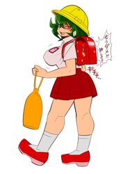  akira_(cookie) backpack bag breasts commentary_request cookie_(touhou) female full_body green_hair hat highres holding holding_bag kazami_yuuka large_breasts looking_at_viewer looking_to_the_side open_mouth pink_shirt pleated_skirt randoseru red_eyes red_footwear red_skirt school_hat scotch_(cookie) shirt shoes short_hair short_sleeves simple_background skirt smile socks solo standing touhou translation_request white_background white_socks yellow_hat 