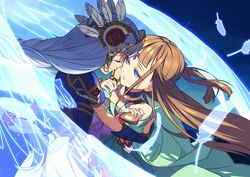  2girls armor armored_dress blue_armor blue_eyes braid brown_hair closed_eyes face-to-face feathers hand_on_another&#039;s_back hand_on_another&#039;s_cheek hand_on_another&#039;s_face helmet highres lenneth_valkyrie long_hair looking_at_another multiple_girls shiho_(valkyrie_profile) shoulder_armor valkyrie valkyrie_profile_(series) white_hair winged_helmet wings yunde_(twez3727) yuri 