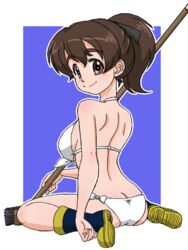  ass back bikini black_footwear black_ribbon blue_background boots border breasts broom brown_eyes brown_hair butt_crack closed_mouth commentary female from_behind full_body girls_und_panzer hair_ribbon halterneck holding holding_broom koyama_yuzu looking_at_viewer looking_back medium_breasts medium_hair outline outside_border ribbon rubber_boots short_ponytail side-tie_bikini_bottom sitting smile solo swimsuit takahashi_kurage textless_version wariza white_bikini white_border white_outline 