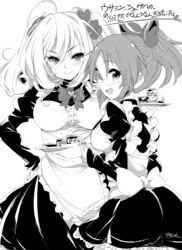  2girls abe_nana absurdres apron bow bowtie breasts commentary_request frilled_apron frills greyscale hair_ornament hair_ribbon hair_scrunchie hairbow high_ponytail highres idolmaster idolmaster_cinderella_girls juliet_sleeves kugimiya_atsuki large_breasts long_sleeves looking_at_viewer maid maid_apron monochrome multiple_girls puffy_sleeves ribbon sato_shin scrunchie tray twintails 