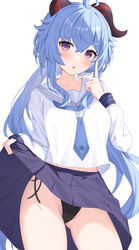  :o ahoge alternate_costume black_panties blue_eyes blue_hair blue_neckerchief clothes_lift cowboy_shot female ganyu_(genshin_impact) genshin_impact goat_horns hand_up highres horns index_finger_raised lace lace_panties lifting_own_clothes long_hair looking_at_viewer neckerchief nyuu_(pixiv12143565) panties pleated_skirt purple_eyes raised_eyebrows school_uniform serafuku side-tie_panties sidelocks simple_background skirt skirt_lift solo thighs underwear very_long_hair white_background 