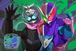  2boys armor belt bird commentary eagle eagle_genome green_eyes helmet heterochromia highres hood kamen_rider kamen_rider_revi kamen_rider_revice kamen_rider_vice male_focus miyabi_(037) multiple_boys pink_armor red_eyes revice_driver rex_genome splatter splatter_background stamp_mark tail tailcoat vistamp 