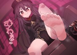  barefoot blush brown_hair chair feet feet_up female foot_focus genshin_impact hat highres hu_tao_(genshin_impact) looking_at_viewer looking_back red_hair robo_mikan short_shorts shorts sitting smile soles solo star-shaped_pupils star_(symbol) symbol-shaped_pupils thighs toes twintails 