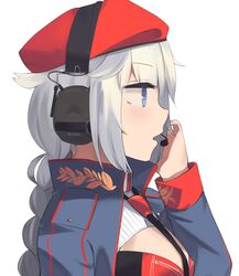  +_+ beret black_necktie blue_eyes blue_jacket braid braided_ponytail breasts female flower-shaped_pupils from_side girls&#039;_frontline grey_hair hand_on_headset hat headphones headphones_over_headwear headset highres hinami047 jacket long_hair looking_away looking_to_the_side medium_breasts necktie open_mouth ots-12_(girls&#039;_frontline) red_hat sidelocks solo star-shaped_pupils star_(symbol) symbol-shaped_pupils upper_body white_background white_hair 