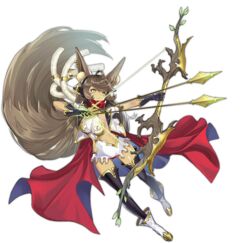  absurdly_long_hair ahoge animal_ear_fluff animal_ears ark_order arrow_(projectile) black_gloves black_thighhighs blue_cape boots bow_(weapon) braid breasts brown_hair cape clothing_cutout dark_skin drawing_bow ear_piercing female full_body gloves gold_trim green_eyes hair_tubes holding holding_arrow holding_bow_(weapon) holding_weapon jacket jewelry large_breasts long_hair official_art piercing pppppan red_cape red_scarf ring scarf shirt short_sleeves shorts side_braid side_cutout sideboob sidelocks solo tachi-e thighhighs transparent_background twin_braids two-sided_cape two-sided_fabric vali_(ark_order) variant_set very_long_hair weapon white_footwear white_jacket white_shirt white_shorts wing_collar 