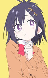  black_hair bow bowtie bright_pupils brown_cardigan cardigan closed_mouth female gabriel_dropout hair_ornament ixy long_sleeves purple_eyes red_bow red_bowtie school_uniform short_hair simple_background solo upper_body vignette_tsukinose_april white_pupils x_hair_ornament yellow_background 