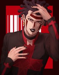  1boy alternate_color black_eyes black_hair black_lips black_nails choker cioccolata earrings facepaint facial_mark hand_on_own_face highres jewelry jojo_no_kimyou_na_bouken lipstick makeup male_focus nail_polish sano_(hospital_0434) solo vento_aureo 