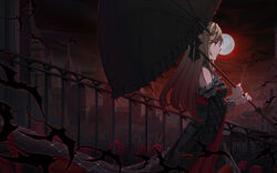  absurdres bare_shoulders bat_(animal) blonde_hair building chinese_commentary detached_sleeves dress duel_monster feet_out_of_frame female fence flower frilled_dress frills from_side full_moon gradient_hair highres holding holding_umbrella long_dress long_hair moon multicolored_hair night outdoors red_eyes red_hair red_sky rose scar scar_across_eye sky solo umbrella vampire_fraulein walking yu-gi-oh! yuanhe_mx 