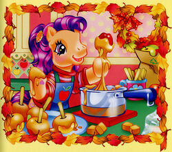  2007 anthro apple apron blush candy candy_apple caramel_(food) clothed clothing dessert detailed_background earth_pony equid equine female food fruit hair hasbro hoof_hands horse inside leaf lyn_fletcher mammal mlp_g3 my_little_pony my_little_pony_(2003) official_art on_model open_mouth open_smile orange_body plant pony purple_hair scootaloo_(g3) semi-anthro smile solo sweater topwear 