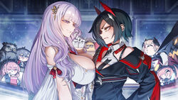  6+girls absurdres angry animal_on_head asymmetrical_docking azur_lane bare_shoulders behalter bellona_(azur_lane) bird bird_on_head black_hair breast_contest breast_press breasts cleavage commentary_request face-to-face hair_between_eyes hair_ornament highres horns huge_breasts large_breasts looking_at_another manjuu_(azur_lane) multicolored_hair multiple_girls on_head owl perseus_(azur_lane) plymouth_(azur_lane) prinz_rupprecht_(azur_lane) purple_eyes purple_hair red_horns roon_(azur_lane) short_hair smile ulrich_von_hutten_(azur_lane) yellow_eyes 