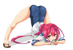  arm_rest blue_one-piece_swimsuit cellphone commentary_request female full_body hair_ribbon hands_on_ground highres i-168_(kancolle) jack-o&#039;_challenge kantai_collection legs long_hair meme one-piece_swimsuit phone pink_hair ponytail red_eyes red_hair ribbon sandals school_swimsuit school_uniform serafuku simple_background smartphone solo spread_legs swimsuit swimsuit_under_clothes top-down_bottom-up unomi white_background wide_spread_legs 