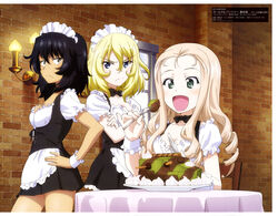  3girls absurdres andou_(girls_und_panzer) apron black_dress black_hair blonde_hair blue_eyes breasts brick_wall brown_eyes cake chair cleavage closed_mouth crossed_arms dark-skinned_female dark_skin dress eating food fork girls_und_panzer green_eyes hair_between_eyes highres holding holding_fork holding_knife itou_takeshi knife light_brown_hair maid maid_apron maid_headdress marie_(girls_und_panzer) mc_axis multiple_girls official_art open_mouth oshida_(girls_und_panzer) plate scan sconce scowl sitting small_breasts smile window wrist_cuffs 