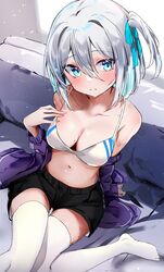  absurdres bikini bikini_top_only blue_eyes blue_hair blush breasts cleavage collarbone female grey_hair hair_between_eyes highres jacket large_breasts long_sleeves looking_at_viewer mole mole_on_breast nanashinayuzu_mochi navel original short_hair shorts side_ponytail sitting solo swimsuit thighhighs 