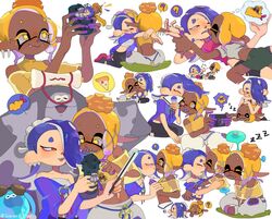  ! ? big_man_(splatoon) chest_sarashi couple drooling frye_(splatoon) hand_fan highres holding holding_fan hug jellyfish_(splatoon) kissing licking looking_at_another nintendo_switch pointy_ears salorbt sarashi shiver_(splatoon) sleeping smile splatoon_(series) splatoon_3 spoken_exclamation_mark spoken_question_mark tentacle_hair thought_bubble yellow_crop_top yuri 