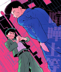  2boys belt black_belt black_hair blue_jacket blue_pants clenched_hand commentary_request dutch_angle evil_grin evil_smile fist_in_hand green_jacket green_pants grin hands_in_pockets hoyano_(maimai) jacket kuwabara_kazuma long_sleeves looking_at_viewer looking_back male_focus multiple_boys open_clothes open_jacket pants pompadour sarayashiki_junior_high_school_uniform school_uniform shirt short_hair smile standing urameshi_yusuke white_shirt yu_yu_hakusho 