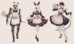  1boy 2b_(nier:automata) 2girls absurdres animal_ears arm_blade bayonetta bayonetta_(series) bayonetta_2 beige_background black-framed_eyewear black_blindfold black_dress black_gloves black_legwear blindfold blue_eyes bow breasts broom brown_footwear cat_ears chains cleavage cleavage_cutout closed_mouth clothing_cutout company_connection covered_eyes cyborg demon_horns demon_tail dress earrings fake_animal_ears frills glasses gloves half_gloves high_heels highres holding holding_broom holding_plate horns jewelry maid maid_headdress metal_gear_(series) metal_gear_rising:_revengeance mole mole_under_mouth multiple_girls nier:automata nier_(series) plate platinumgames_inc. puffy_sleeves raiden_(metal_gear) red_eyes reverse_grip short_hair simple_background subakeye tail weapon white_bow white_hair white_legwear 