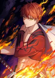  1boy abs coyucom embers emiya_shirou expressionless fate/grand_order fate_(series) fire hand_on_own_shoulder igote katana male_focus orange_hair senji_muramasa_(fate) solo sword upper_body weapon yellow_eyes 