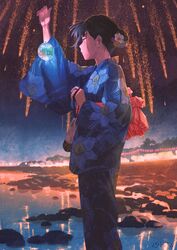  absurdres aerial_fireworks black_hair blue_kimono commentary_request daffodil female festival fireworks floral_print flower gemi hair_bun highres holding japanese_clothes kimono kinchaku long_sleeves obi original pouch sash single_hair_bun solo standing summer_festival water_yoyo wide_sleeves yukata 