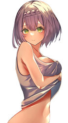  absurdres alternate_breast_size bad_id bad_pixiv_id bare_shoulders bottomless braid breasts closed_mouth female genshin_impact green_eyes grey_hair highres katagirinanoka looking_at_viewer medium_breasts noelle_(genshin_impact) shirt short_hair simple_background sleeveless sleeveless_shirt smile solo upper_body white_background white_shirt 