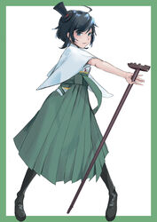  ahoge bad_id bad_twitter_id black_footwear black_hair boots border cane cross-laced_footwear female full_body green_border green_eyes green_hakama hakama hakama_skirt hat highres japanese_clothes kantai_collection kimono knee_boots lace-up_boots looking_at_viewer matsukaze_(kancolle) meiji_schoolgirl_uniform mini_hat mini_top_hat pleated_skirt sakieko short_hair skirt solo standing swept_bangs top_hat two-tone_background wavy_hair white_background white_kimono 