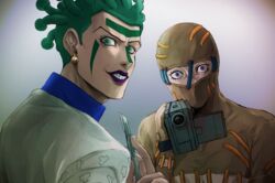  2boys bodysuit camcorder cioccolata earrings evil_grin evil_smile facepaint facial_mark green_eyes green_hair grin highres jewelry jojo_no_kimyou_na_bouken male_focus multiple_boys oasis_(stand) purple_eyes purple_lips sano_(hospital_0434) scalpel secco smile stand_(jojo) vento_aureo video_camera 