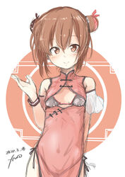  absurdres alternate_costume bikini bikini_top_only bikini_under_clothes breasts brown_eyes brown_hair china_dress chinese_clothes cleavage_cutout clothing_cutout dated double_bun dress female fyuo grey_skirt hair_bun highres kantai_collection red_dress short_hair side-tie_dress signature skirt small_breasts solo swimsuit tan_yang_(kancolle) yukikaze_(kancolle) 