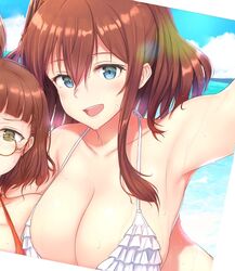  2girls bikini blue_eyes blush breasts brown_hair cleavage cloud day frilled_bikini frills glasses green_eyes hair_between_eyes highres kantai_collection large_breasts long_hair multiple_girls open_mouth orange_bikini osterei out_of_frame outdoors roma_(kancolle) saratoga_(kancolle) short_hair sky solo_focus sweat swimsuit white_bikini 