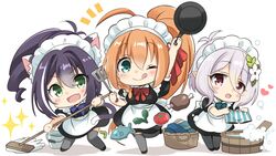  3girls :q ahoge alternate_costume alternate_hairstyle animal_ear_fluff animal_ears antenna_hair apron bad_id bad_twitter_id basket black_dress black_footwear blue_eyes blue_neckwear blush boned_meat bow bowtie boxers braid breasts bucket cat_ears cat_girl cat_tail chibi commentary_request dress elf enmaided fish flower food frying_pan green_eyes grey_hair grey_legwear hair_between_eyes hair_flower hair_ornament hair_ribbon heart hizuki_yayoi holding karyl_(princess_connect!) kokkoro_(princess_connect!) long_hair maid maid_day maid_headdress male_underwear meat mop multicolored_hair multiple_girls oerba_yun_fang one_eye_closed open_mouth orange_hair pecorine_(princess_connect!) pink_eyes pointy_ears ponytail princess_connect! purple_hair red_bow red_bowtie ribbon shadow short_hair short_sleeves side_braid simple_background skin_fang sparkle spatula streaked_hair tail thighhighs tomato tongue tongue_out underwear washtub white_apron white_background white_hair 