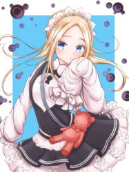  abigail_williams_(fate) abigail_williams_(festival_outfit)_(fate) absurdres bad_id bad_pixiv_id black_skirt blonde_hair blue_eyes blush breasts dress fate/grand_order fate_(series) female forehead highres keyhole layered_skirt long_hair long_sleeves looking_at_viewer maid_day official_alternate_costume parted_bangs sash skirt sleeves_past_fingers sleeves_past_wrists small_breasts solo stuffed_animal stuffed_toy teddy_bear toonoki white_dress 